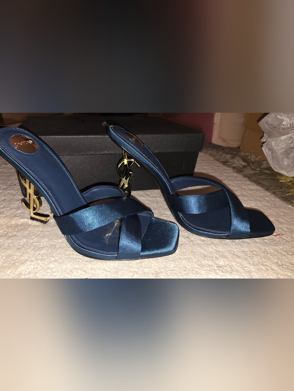 NWT Teal Satin YSL Logo Mule Heels Sz 37.5